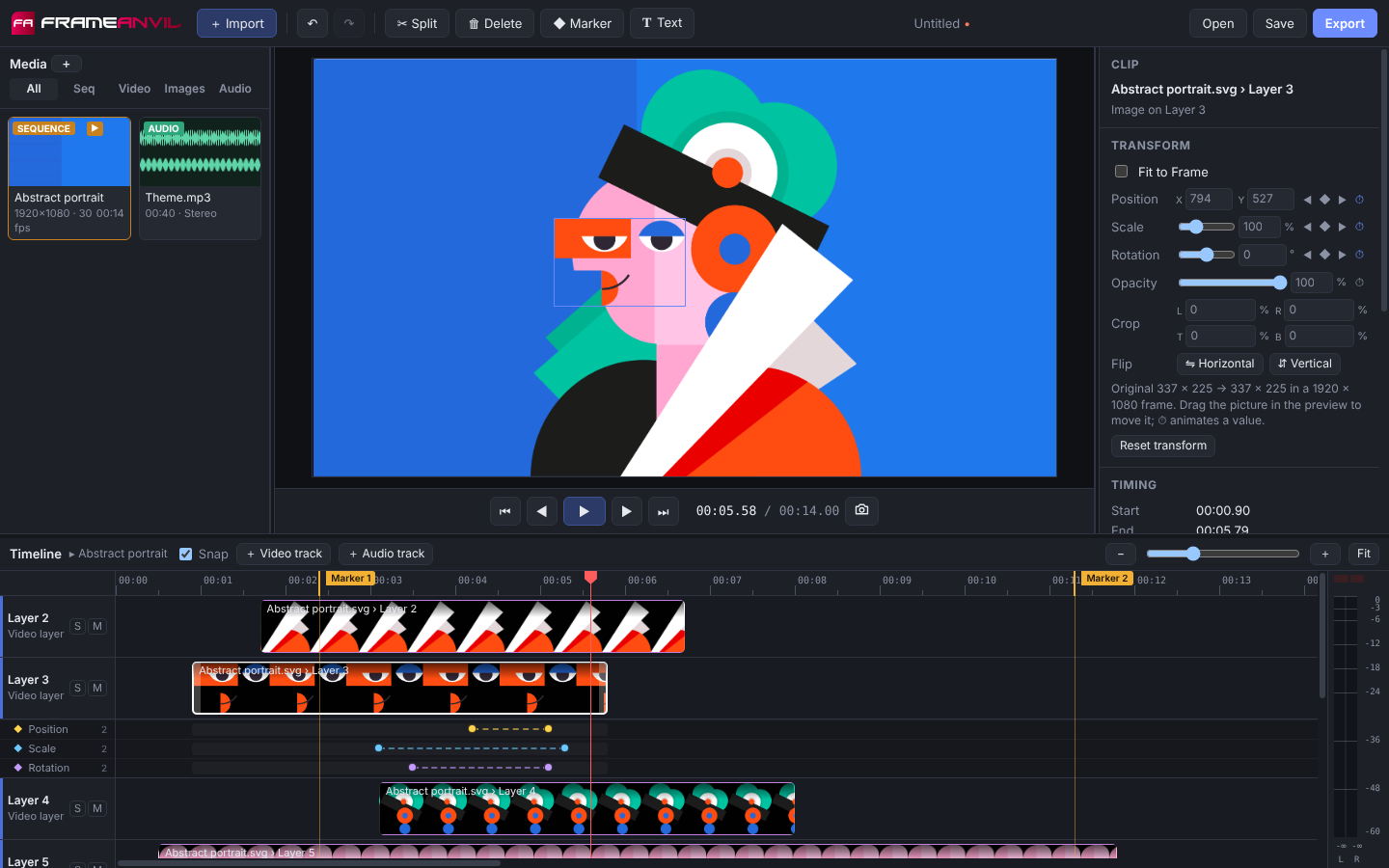 FrameAnvil animating a layered illustration: the media library on the left, the preview in the middle showing an abstract portrait, the inspector on the right with keyframed position, scale and rotation, and a timeline below with a track for each layer of the artwork, their keyframes, two markers and a music track.